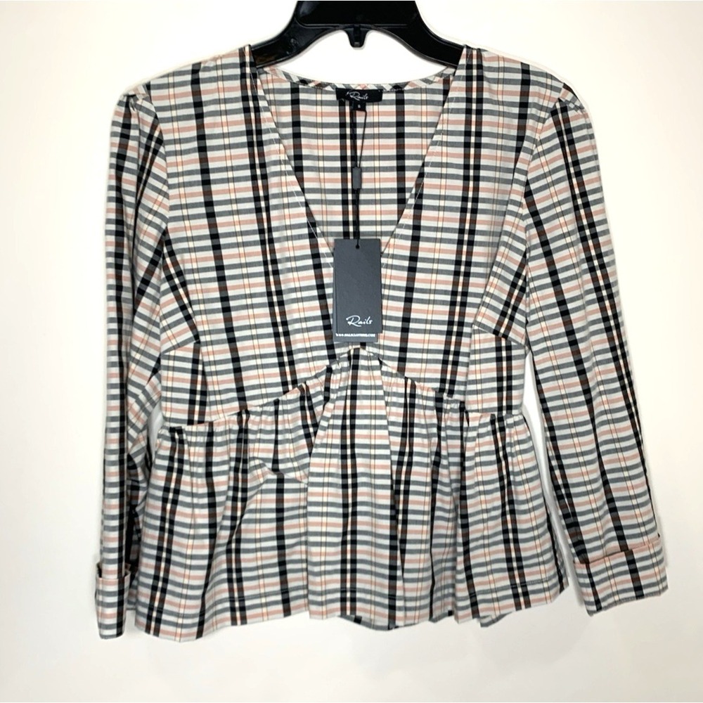 New Rails Top Womens Small Noella Stockholm Check Scandi‎ Peplum Blouse w/Tag